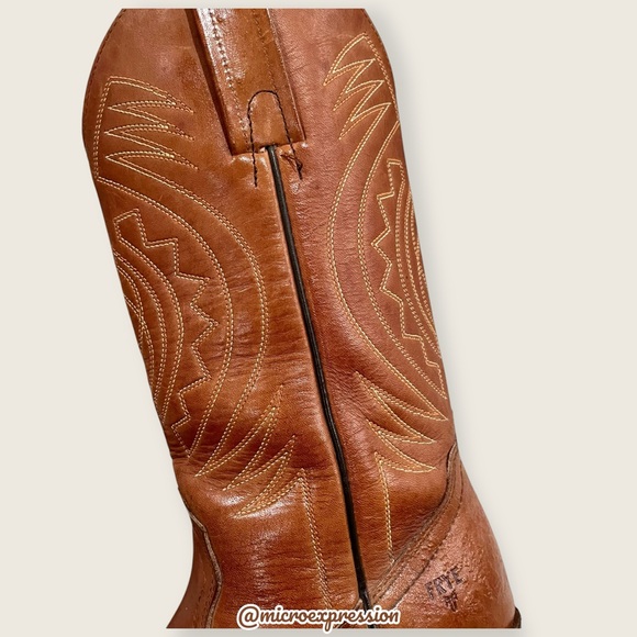 1980s VINTAGE Frye Aztec Geometric Leather Brown Cognac Embroidered Cowboy Boot - Picture 10 of 15